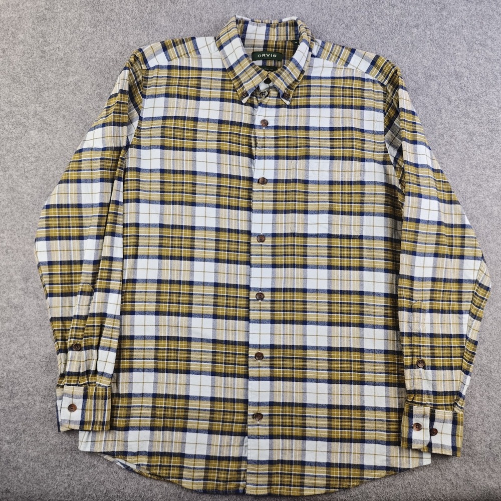 Orvis Flannel Shirt Mens Medium Classic Fit Button Down Plaid Olive Blue Cotton